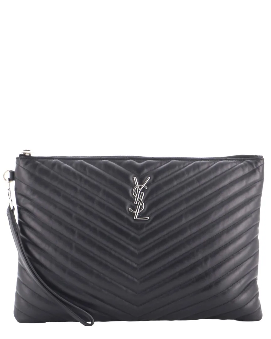 Matelasse Chevron Leather Classic Monogram Wristlet Pouch Medium (authentic Pre-Loved) by Saint Laurent