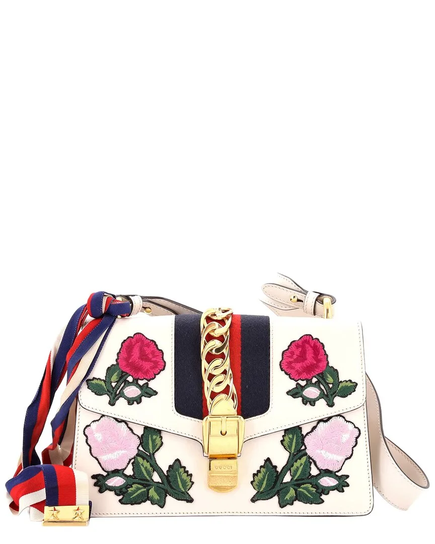 Leather Sylvie Shoulder Bag Embroidered Small (authentic Pre-Loved) by Gucci
