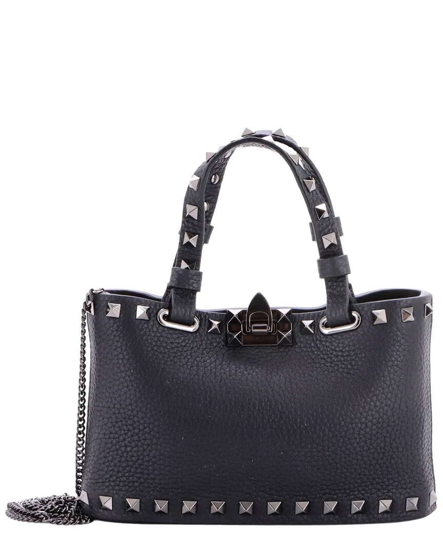 Black Leather Rockstud Flip Lock Chain Tote Mini (authentic Pre-Loved) by Valentino