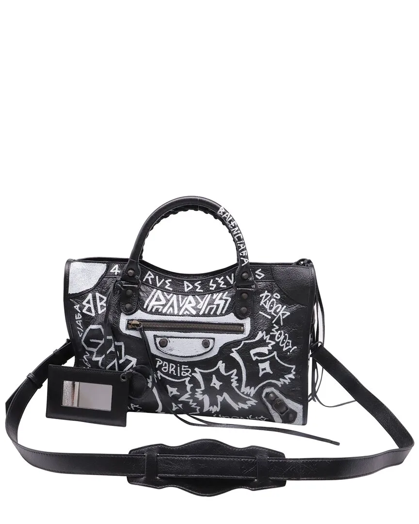 Black Lambskin Leather Medium City Graffiti Tote (authentic Pre-Loved) by Balenciaga