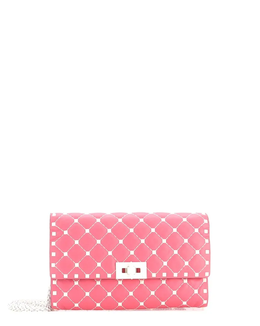 Pink Quilted Leather Rockstud Spike Wallet on Chain Small (authentic Pre-Loved) by Valentino