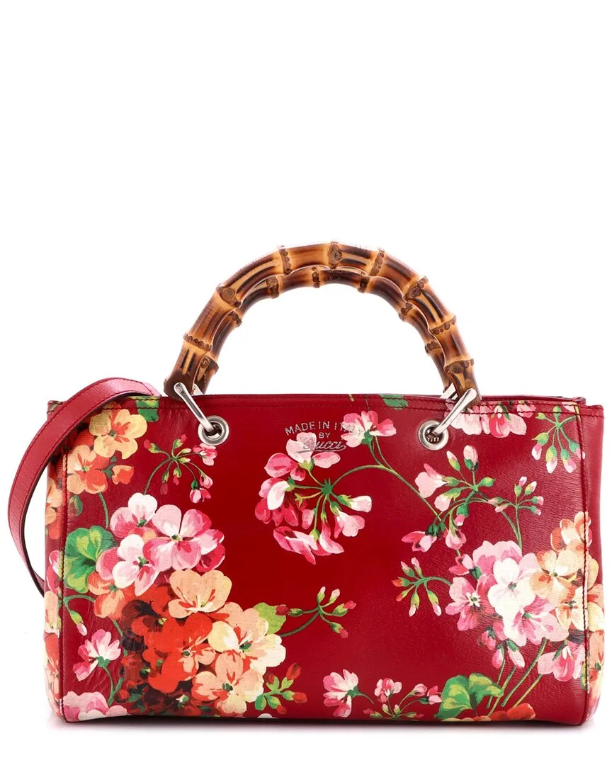 Red Blooms Print Leather Bamboo Shopper Tote Medium (authentic Pre-Loved) by Gucci