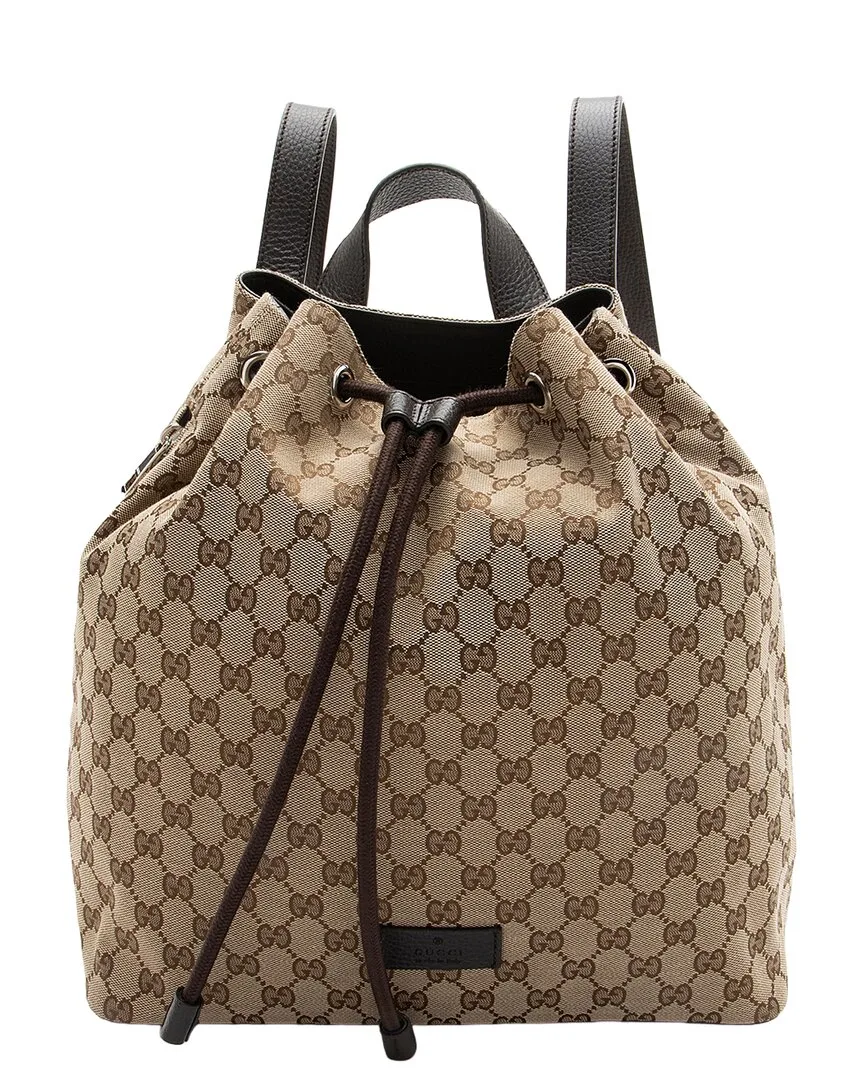 Beige & Brown Gg Canvas & Leather & Nylon Drawstring Backpack (authentic Pre-Loved) by Gucci