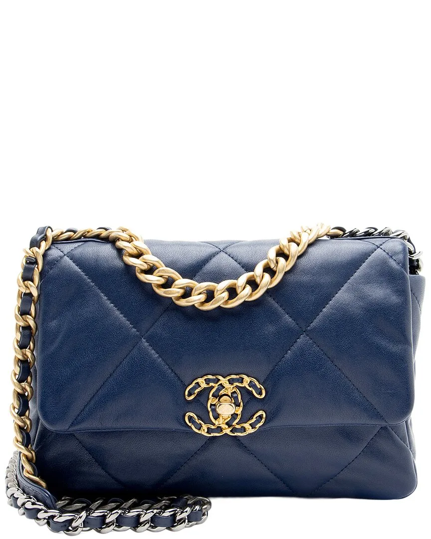 Blue Quilted Lambskin 19 Medium Flap Shoulder Bag (authentic Pre-Loved)