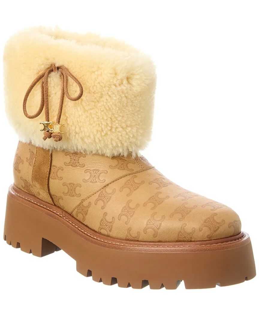 Bulky Cropped Triomphe Leather & Shearling Boot by Celine