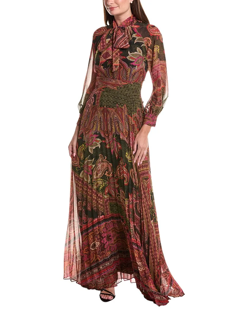 Chiffon Paisley Pleated Skirt Scarf Neck Maxi Dress by Teri Jon