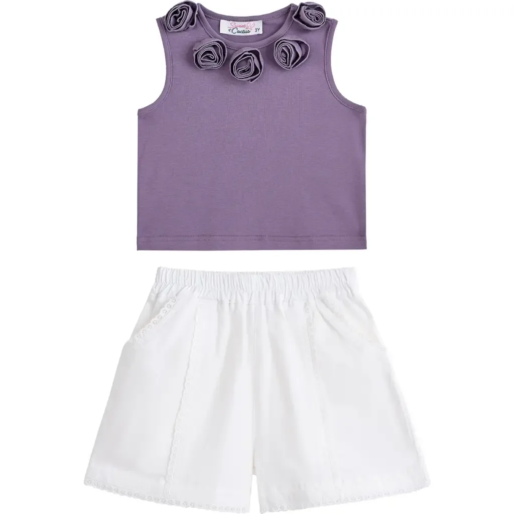 Rosette Top and Lace-Trim Shorts Set by Sweet Cactus