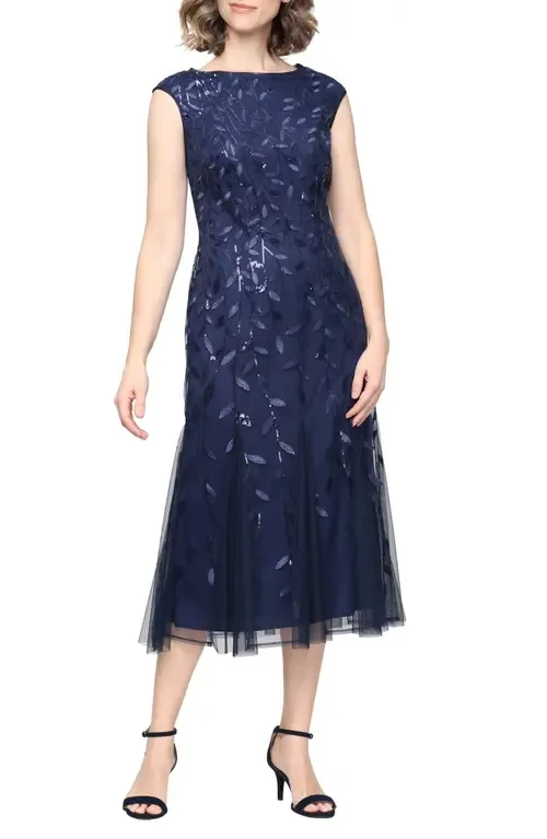Sequin Leaf Embroidery Cocktail Midi Dress by Alex Evenings