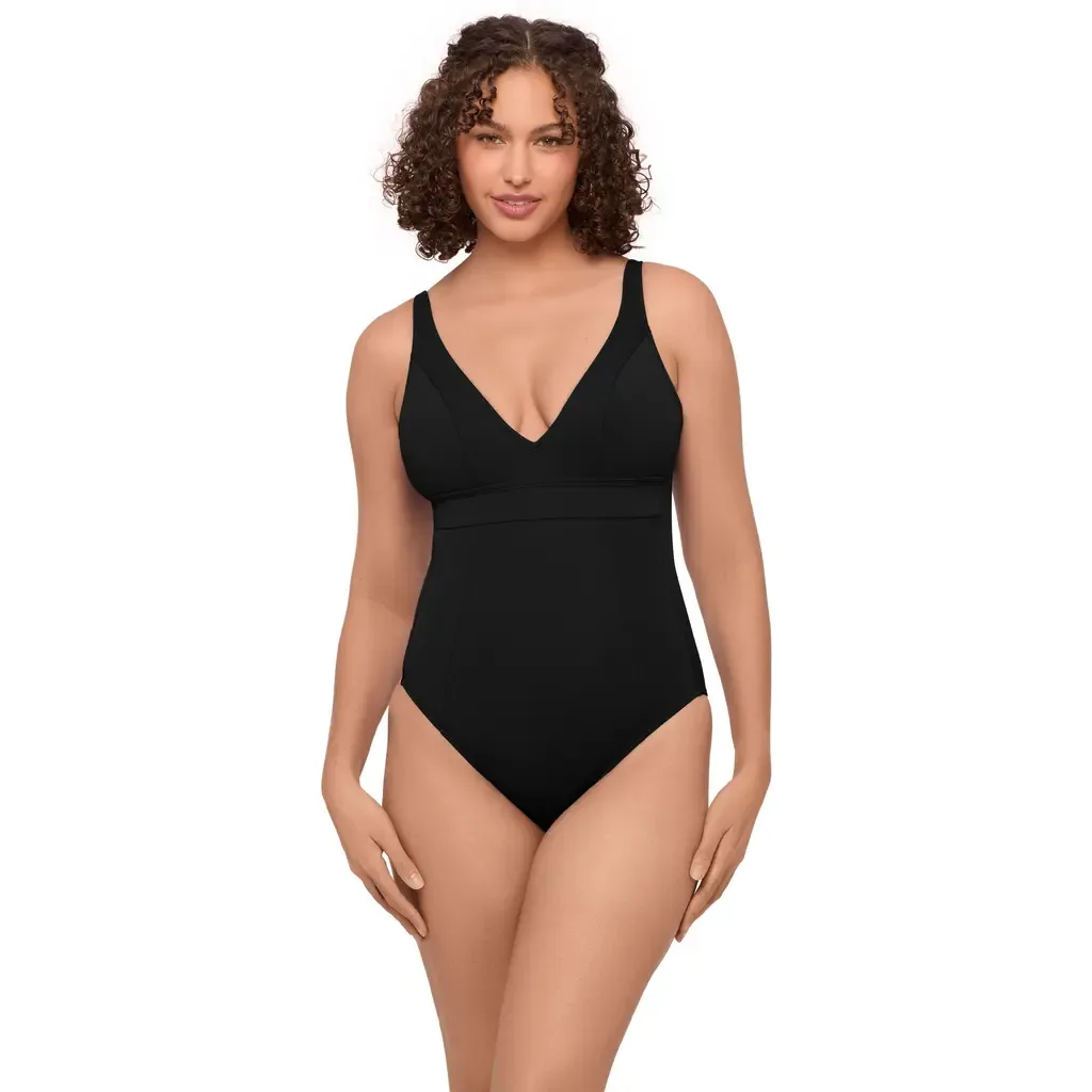 Supportive and Sculpting Banded Plunge V-Neck One-Piece Swimsuit by S3 Apparel