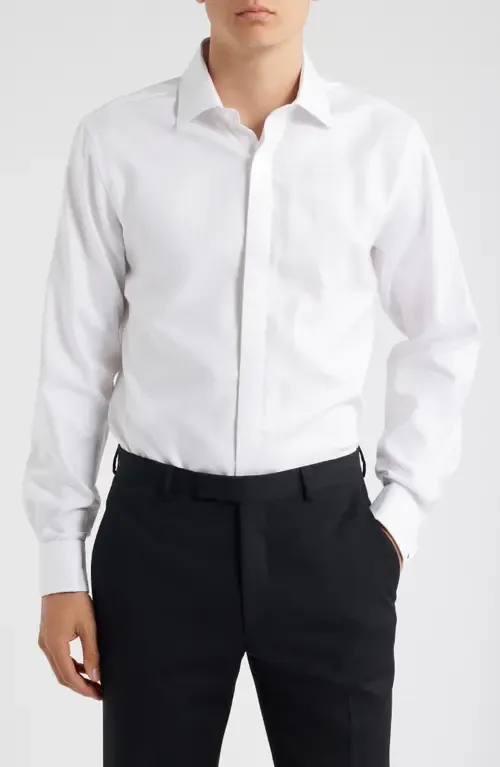 Trim Fit Solid Textured Cotton Tuxedo Shirt by Lorenzo Uomo