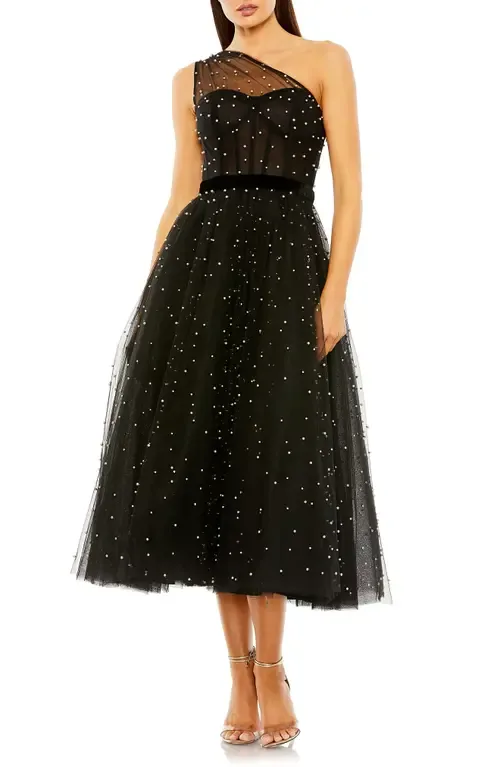 One Shoulder Pearl Beaded Midi Ballgown by Mac Duggal