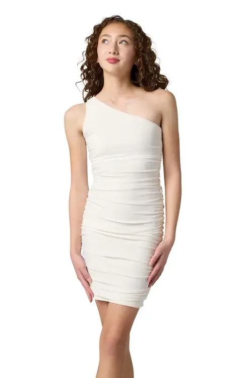 One Shoulder Ruched Dress in Longer Length by Un Deux Trois
