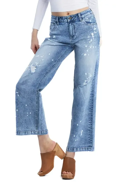 Relaxed Distressed Ankle Wide Leg Jeans by Wash Lab Denim