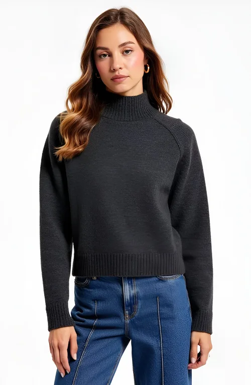 Mock Neck Raglan Sleeve Wide Ribbed Hem Sweater by Modenaire