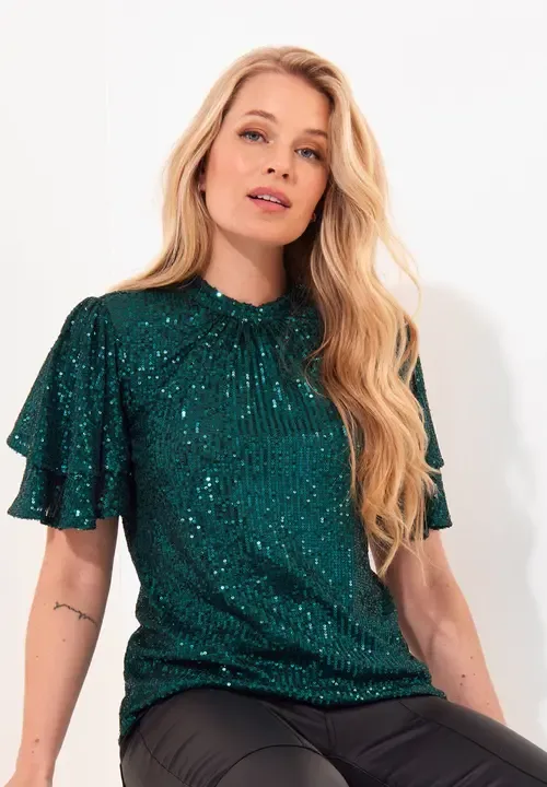 Short Flutter Sleeve Sequin Top