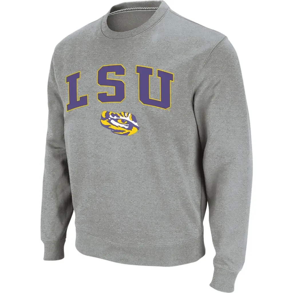 Colosseum Heather Gray LSU Tigers Arch & Logo Crew Neck Sweatshirt