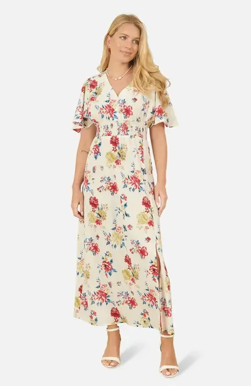 Ruched Waist V-Neck Midi Dress by Yumi