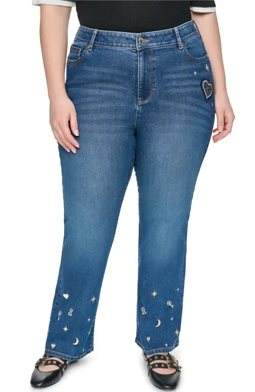 Whimsy Pins & Patches High Waist Straight Leg Jeans by KARL LAGERFELD PARIS