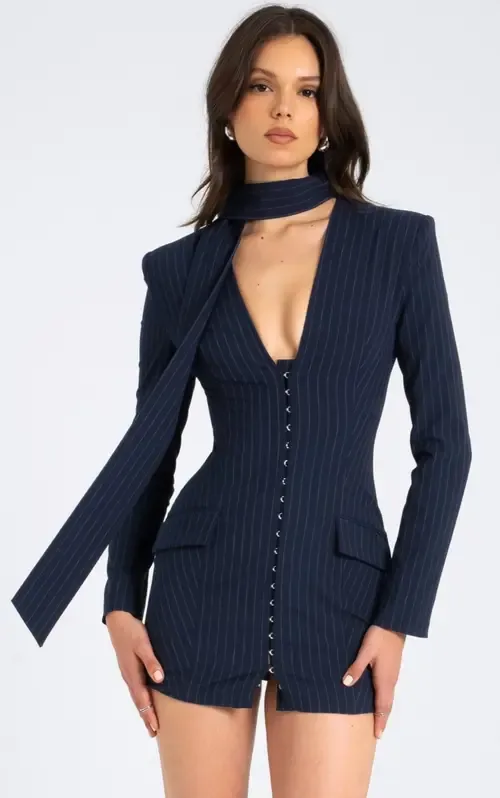 Tahlia Deep V Mini Blazer Dress with Scarf by Miss Circle