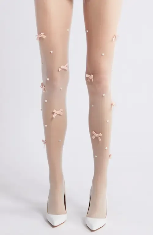 Nevermore Peek Bow Embellished Sheer Tights by HIGH HEEL JUNGLE