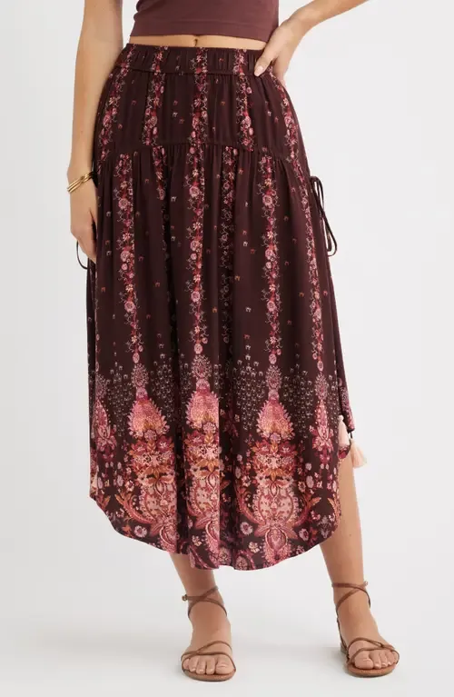 Scarf Print Drop Waist Midi Skirt by Treasure & Bond
