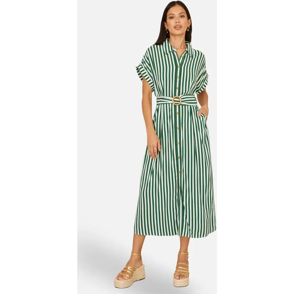Stripe Print Belted Midi Shirt Dress by Yumi