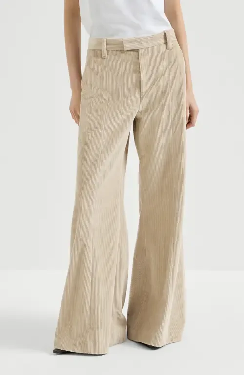 Cotton Corduroy Wide Flare Trousers with Monili by Brunello Cucinelli