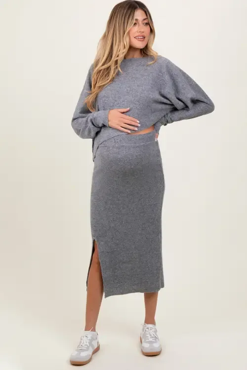 Ribbed Knit Asymmetric Top Midi Skirt Set by PinkBlush