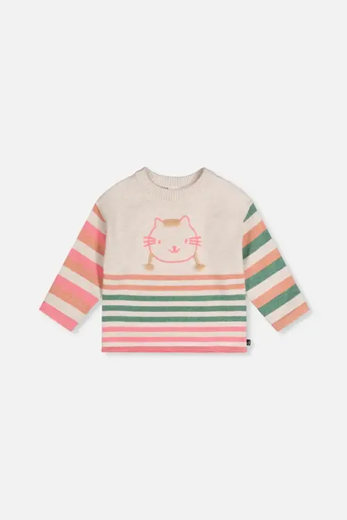 Knitted Stripe Sleeve Cat Appliqué Sweater by Deux par Deux