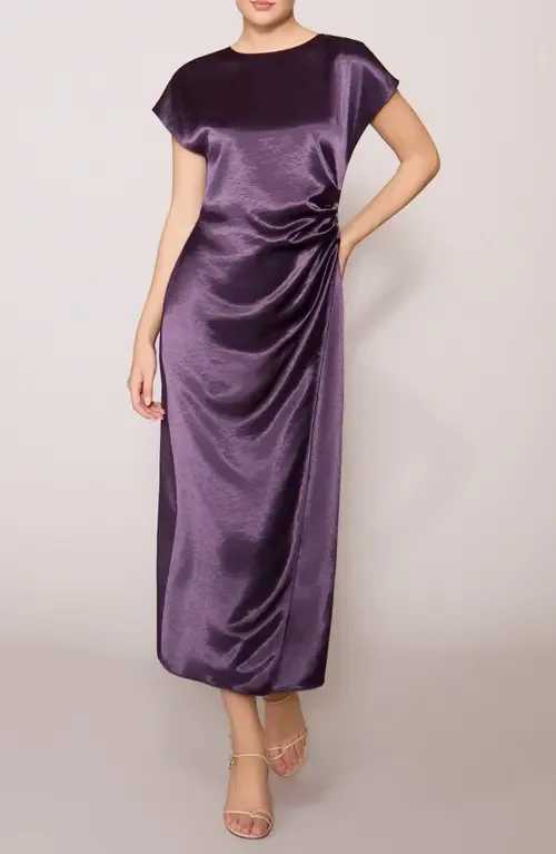 Cap Sleeve Side Cinched Satin Midi Dress by MELLODAY