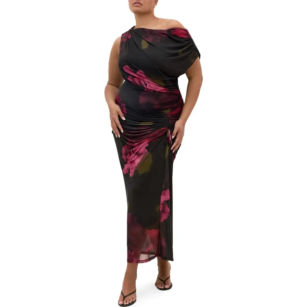 Abstract Floral One-Shoulder Mesh Dress by City Chic