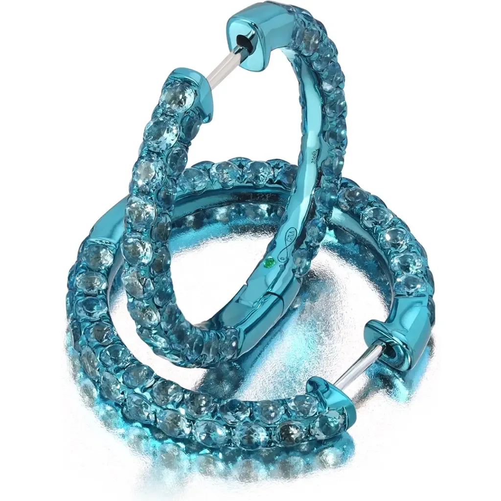 Large Swiss Blue Topaz & Blue Rhodium 3 Sided Hoops by Graziela