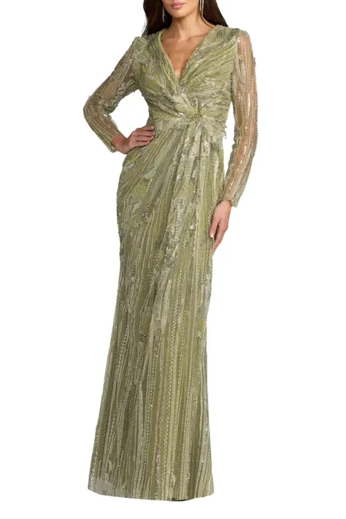 Hand Embellished V-Neck Column Gown by Mac Duggal