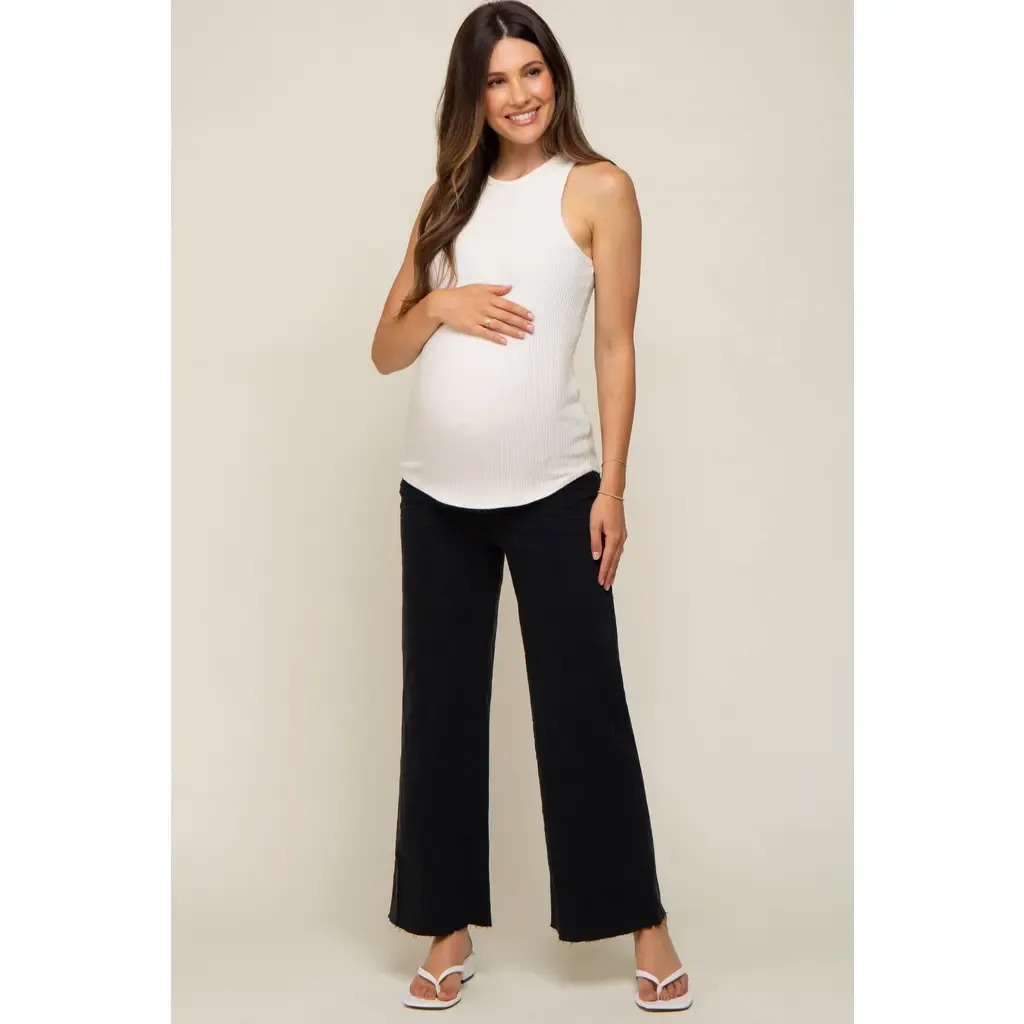 Wide Leg Raw Hem Maternity Jeans by PinkBlush