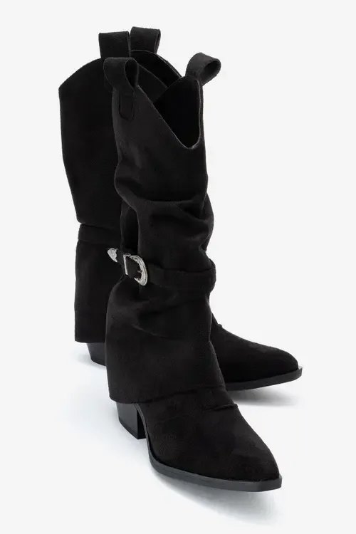 Okus Buckle Block Heel Boot in Black Suede Faux Leather by Prologue Shoes