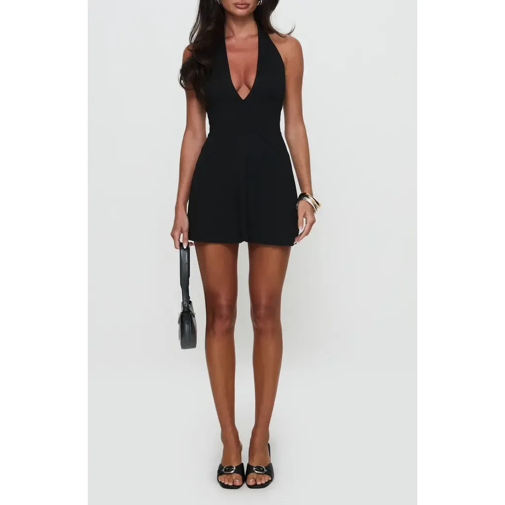 Hollywood Hills Plunge Neck Halter Minidress by Princess Polly
