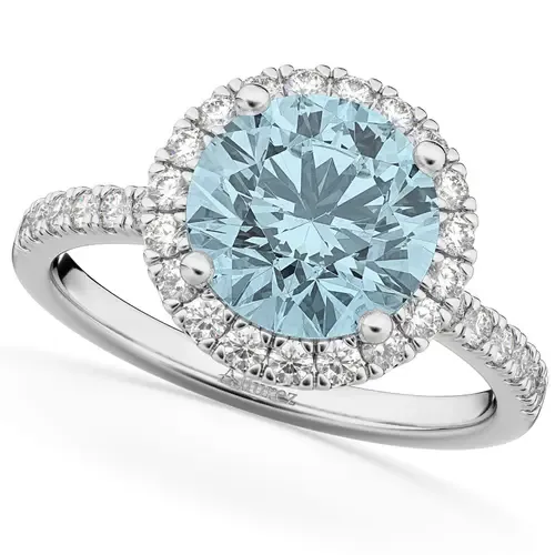 Halo Aquamarine & Diamond Engagement Ring 14K Gold by ALLUREZ