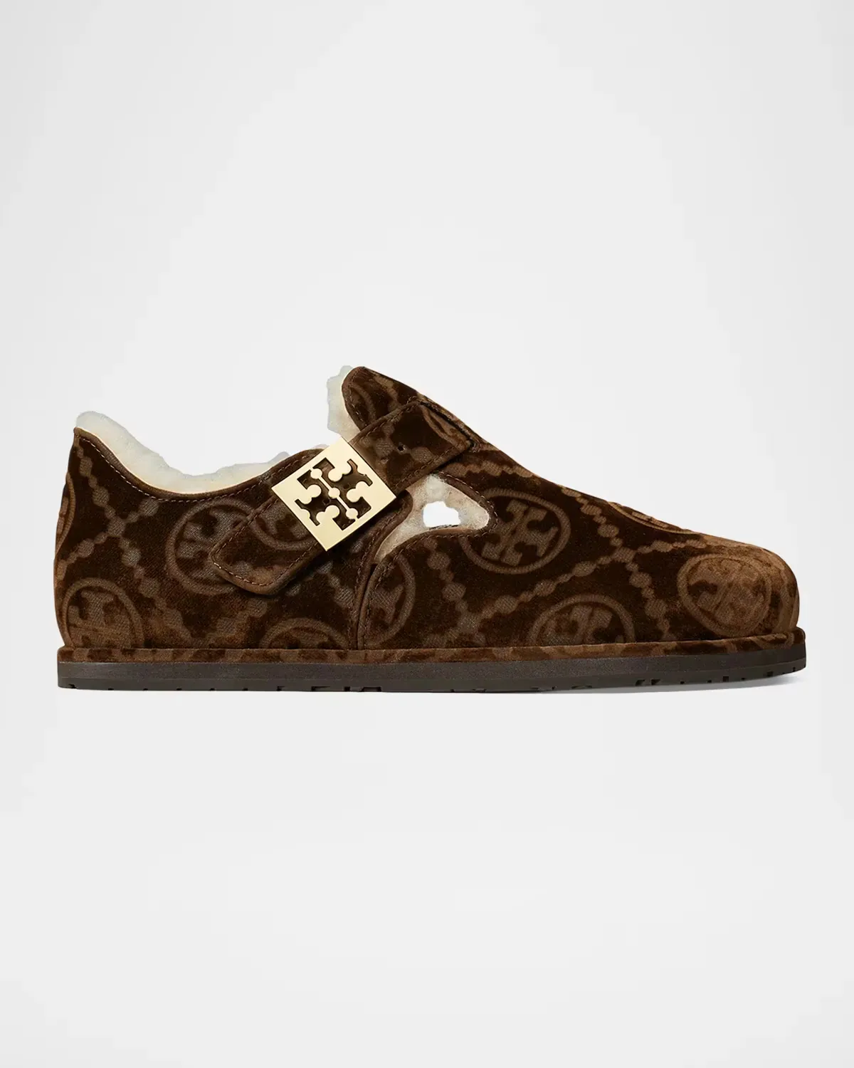 Mellow Shearling-Lined Monogram Velvet Clogs by Tory Burch