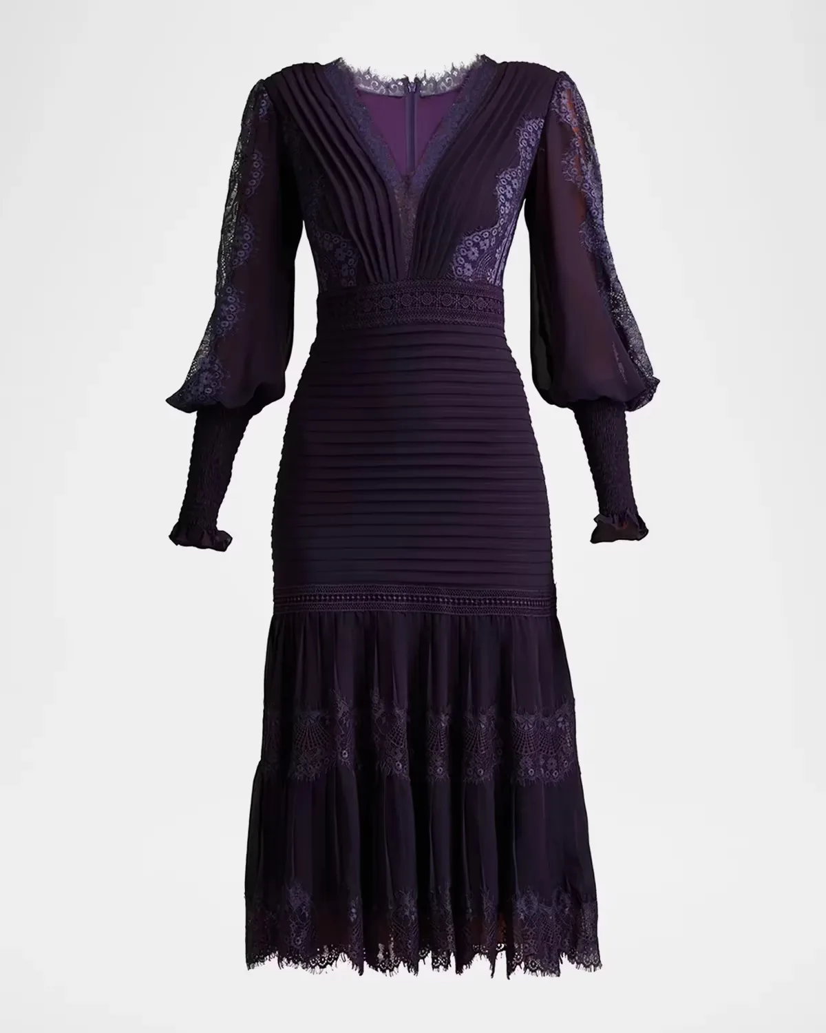 Pleated Chiffon & Lace Bishop-Sleeve Dress by Tadashi Shoji
