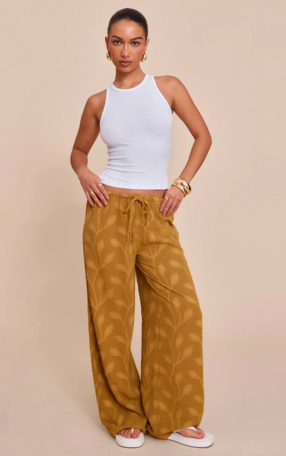 Textured Woven Drawstring Waist Straight Leg Trousers by PrettyLittleThing