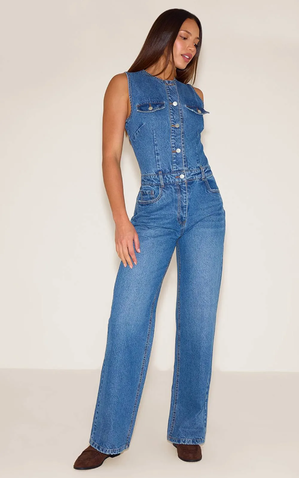 Sleeveless Shirt Style Denim Jumpsuit