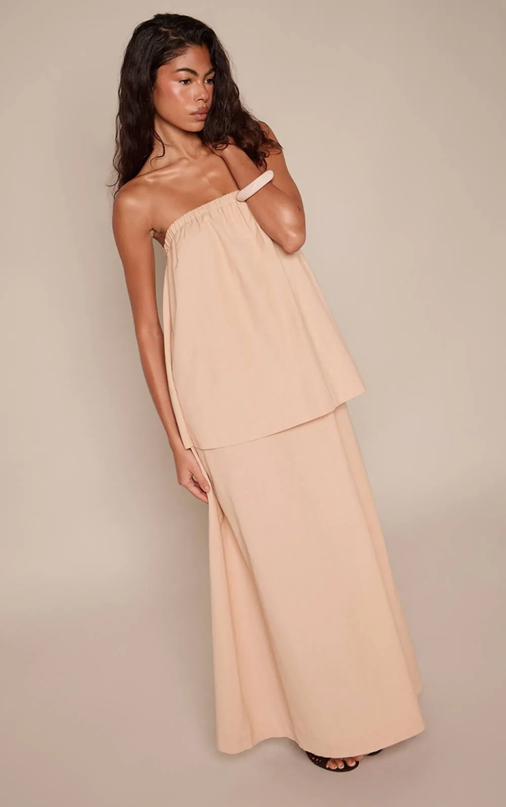 Linen Look Tiered Bandeau Maxi Dress