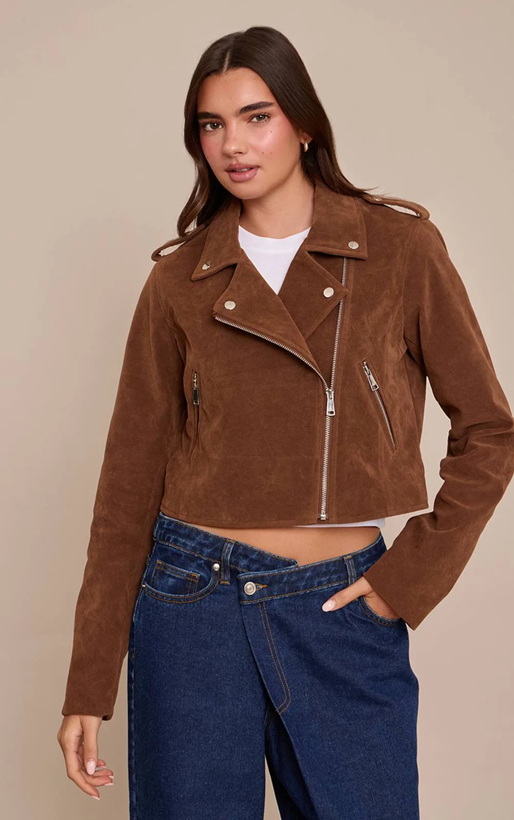 Basic Faux Suede Pocket Detail Biker Jacket by PrettyLittleThing