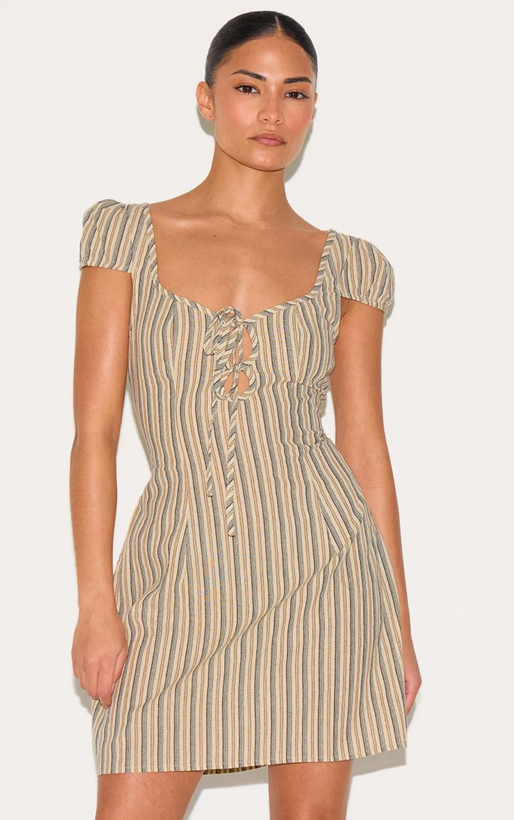 Striped Front Tie Mini Dress - Stone by PrettyLittleThing