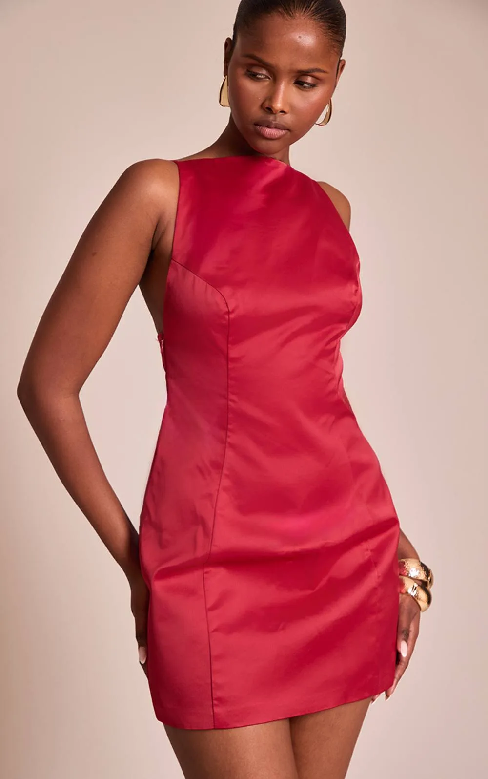Satin Boat Neck Bodycon Mini Dress