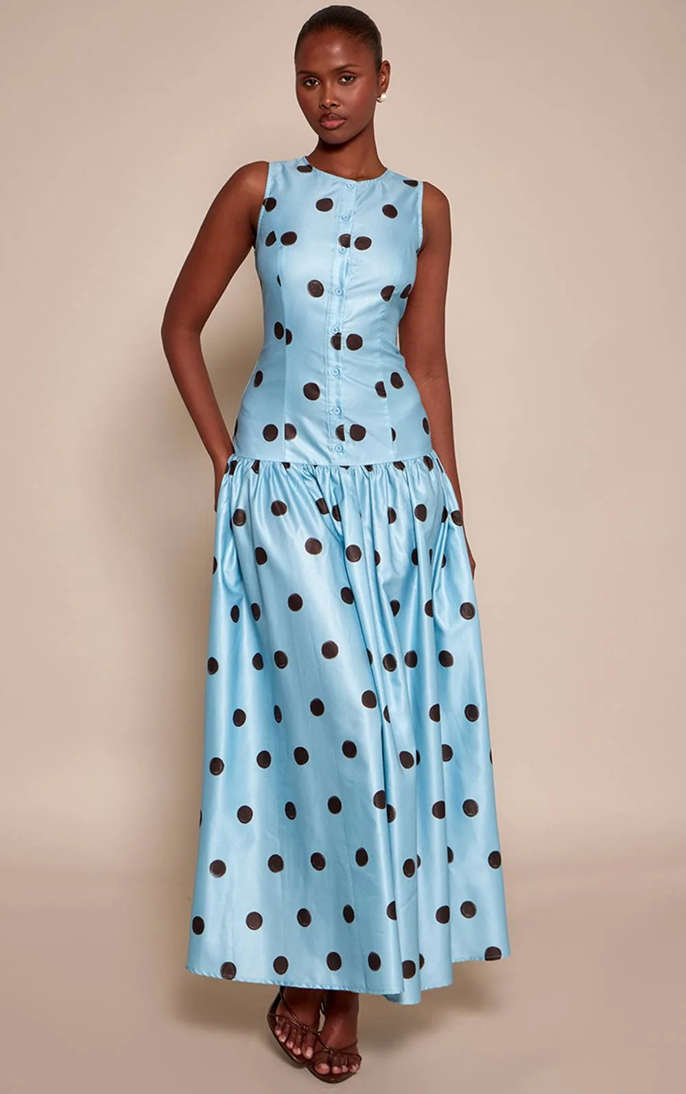 Polka Dot Button Down Drop Waist Maxi Dress by PrettyLittleThing