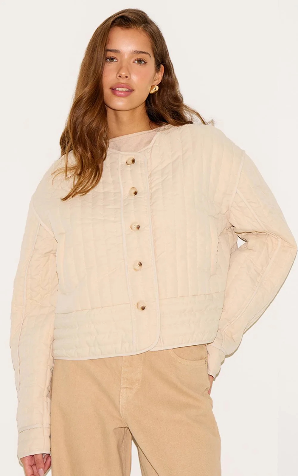 Button Up Round Neck Quilted Jacket - Stone by PrettyLittleThing