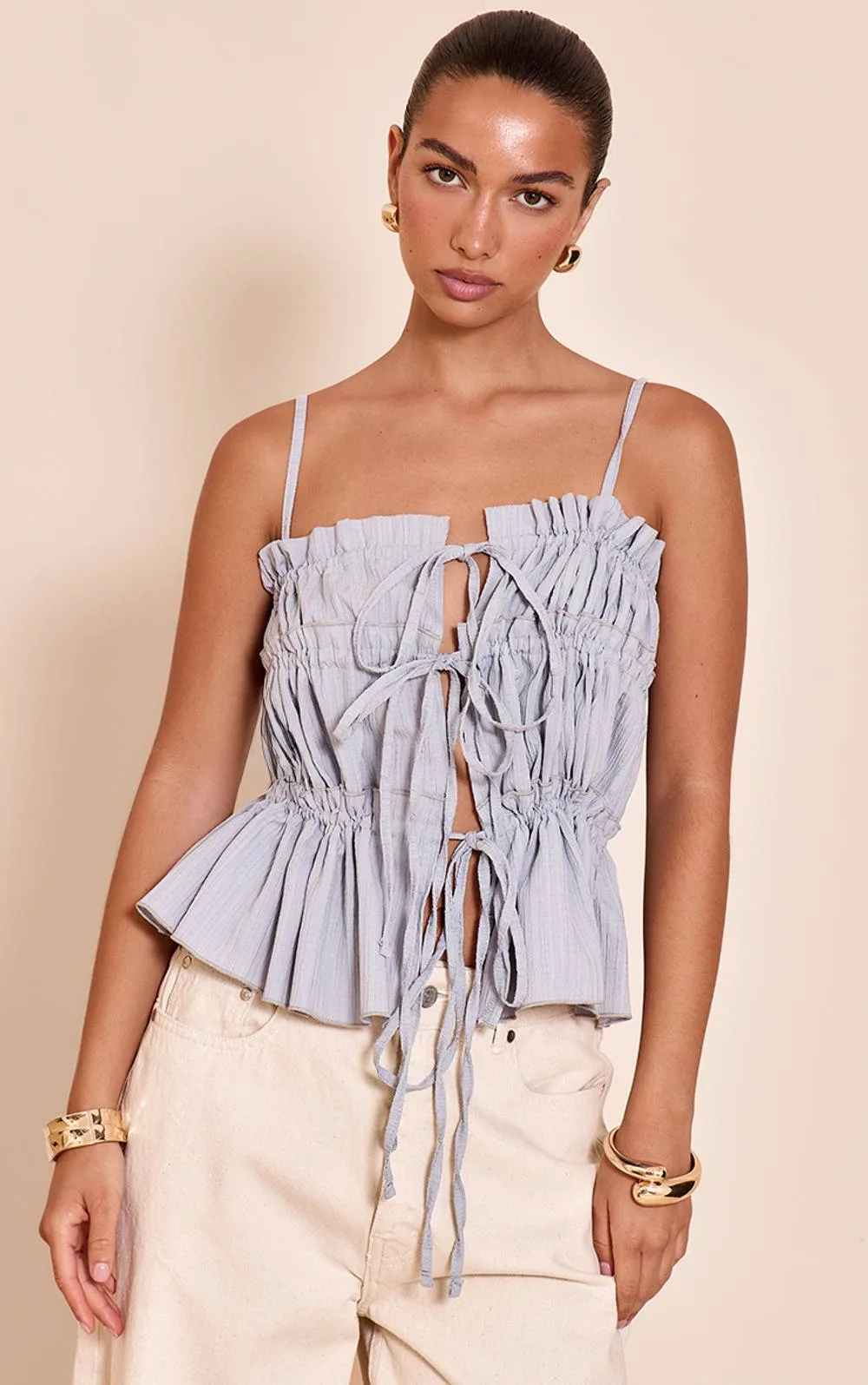 Textured Ruffle Detail Strappy Tie Front Cami Top by PrettyLittleThing