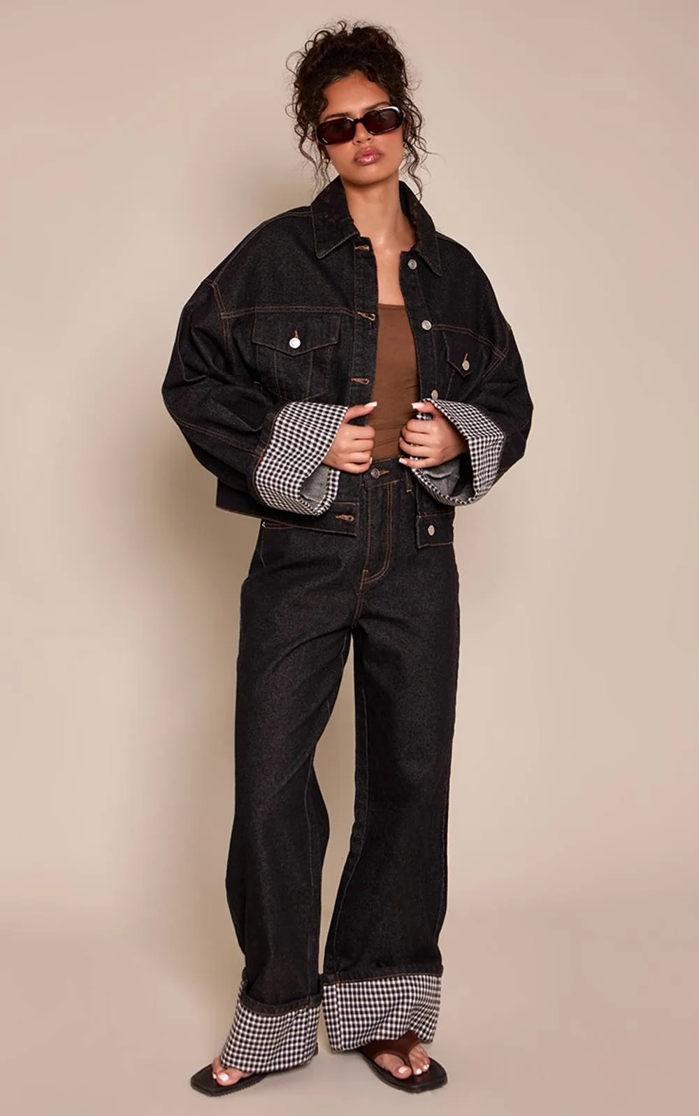 Raw Indigo Wash Gingham Turn Up Hem Denim Jeans