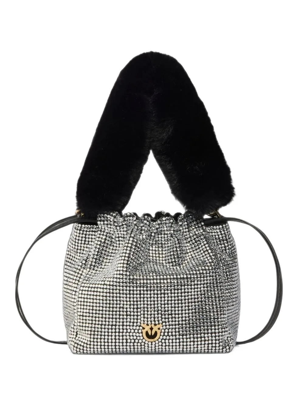 Fully Rhinestoned Shoulder Bucket Bag with Fur-Effect Shoulder Strap by PINKO